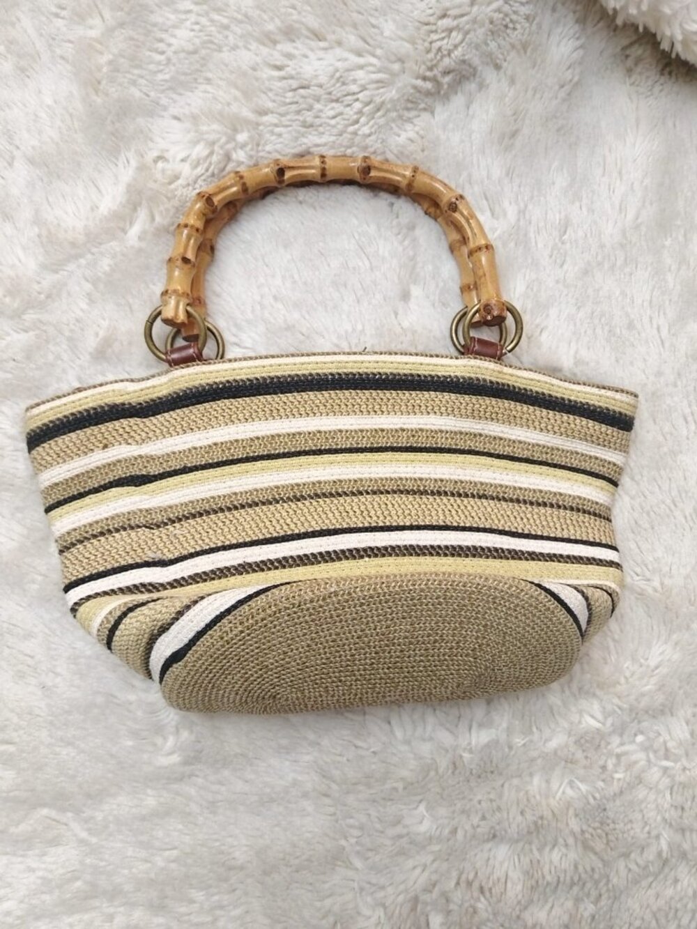 Boho Woven Straw Tote Bag Bamboo Handles Striped Beach Bag Neutral Tan Black